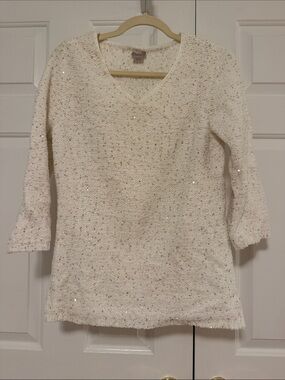 Chico's Cream Sequin V-Neck Sweater